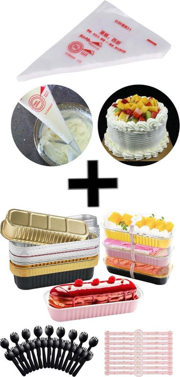 Mini broodcakevormpjes 30 stuks mini-broodblikken met deksels en lepels, 200 ml mini-cakevormpjes rechthoekige aluminiumfolie bakpannen+Cake Spuitzakken, Wegwerp Plastic Cake Spuitzakken 100 Stuks (S)