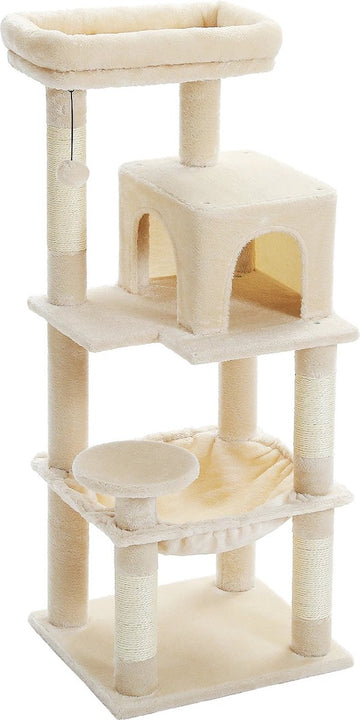 Luxe Krabpaal 116 cm hoog - middelgrote katten klimboom - Met 4 ligvlakken en holten - Met Hangmat - Comfortabel - zacht en stabiel - Crème