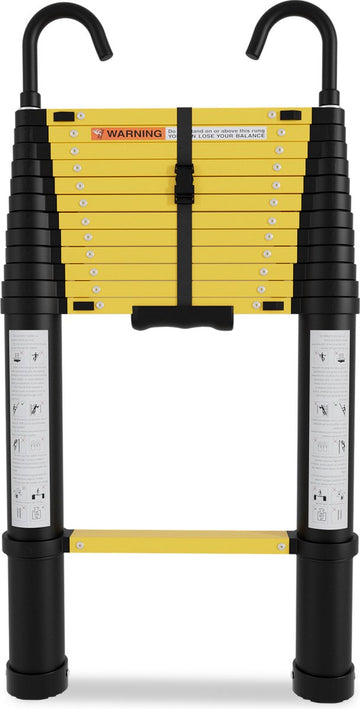 Telescopische Vouwladder - Telescopische Ladders Alu-3,8m ON-knop retractie - Met haak- geel zwart