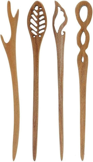 Houten Haarstok Haaraccessoires Set - Lange Haarspelden Hoorn Vork Pin - Chignon Houder - 4 Stuks