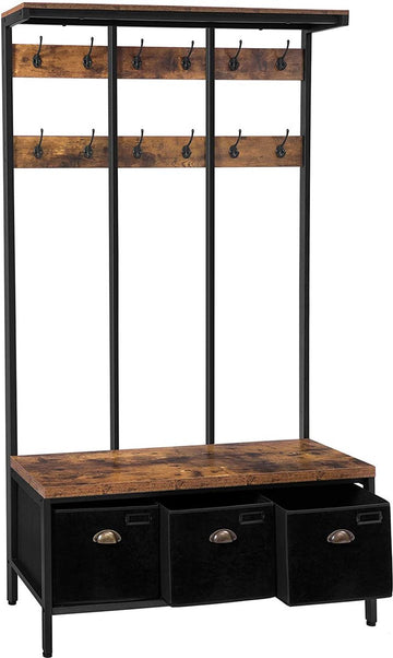 Kapstok, grote garderobe, kledingstandaard met 12 haken, zitvlak met 3 opbergdoos, schoenenbank, stabiel, industrie, voor entree, woonkamer, slaapkamer