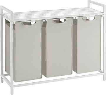 Wasmand 3 vakken – wassorteerder - uitschuifbaar met plank - 92.5 x 33 x 71 cm – wasmand - 168 L verdeeld over 3 zakken – wasmanden – wasmand wit metaal - wit hout
