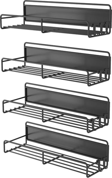 Kruidenrek voor op de koelkast - Set van 4 magnetische kruidenrekken met 10 haken - Ruimtebesparende organizer voor koelkast en magnetron - Zwart kruidenrek ophangbaar