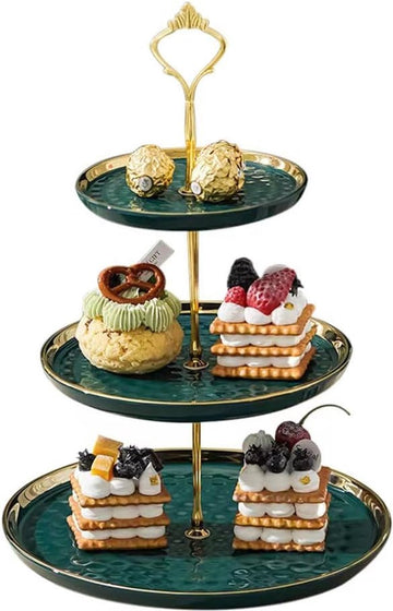 Cupcakestandaard - Keramiek - Taartstandaard Met 3 Lagen - Goud - Tafels - Fruitborden Voor Salontafel - Decoratie - Cupcake En Borden - Dessert - Standaard - Groen