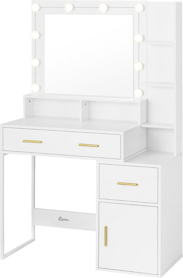 Kaptafel - Met Spiegel en Verlichting - Make-up Tafel - Toilettafel - Hollywood - 90x40x143 Cm - Led Lampen - Wit