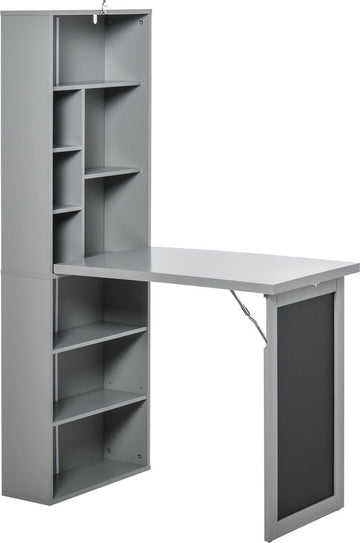 Inklapbaar computerbureau, bureau met opslag, opklapbare wandtafel met boekenkast, werkstation, krijtbord en verstelbare plank, donkergrijs