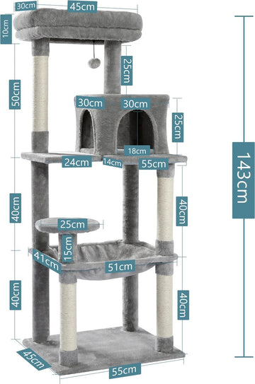 Nique Krabpaal - Krabpaal voor Grote Katten - Kattenboom met Hangmat - Kattenpaal - 143 cm - Grijs