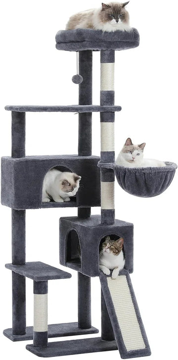 Weg Katten Krabpaal, 154 cm Kattentoren met Twee Condo's, Ruime Zitstok, Gezellige Mand en Sisal-Beklede Krabpalen voor Binnenkatten, Donkergrijs.