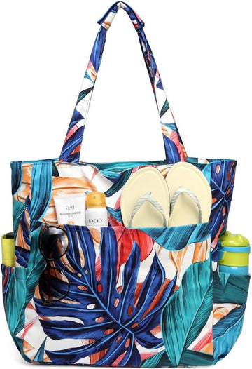 Waterdichte Zanddichte Strand Tote Bag voor Vrouwen - Grote Pool Bag - Stijlvolle Rits - Gym Reizen Winkelschool - Palm Leaf Tote bag met rits