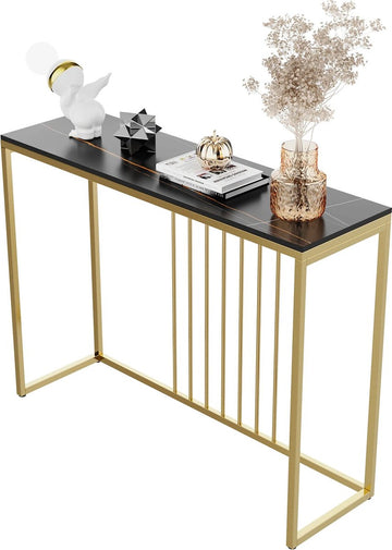 J&R Luxe sidetable - Muurtafel - Wandtafel - Bijzettafel - Console tafel - Wandbureau - Kaptafel - Bartafel - Zwart marmer blad - Goud frame - 100 x 300 x 78.5cm - Wit