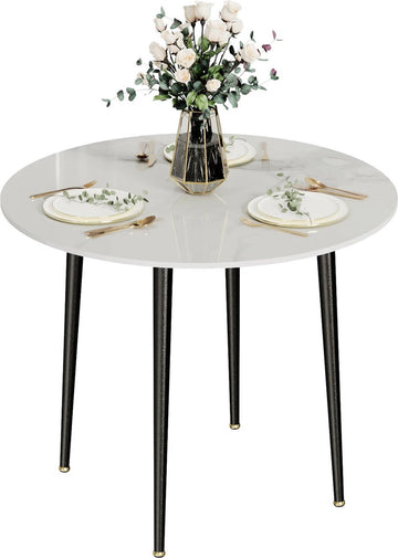 J&R Eettafel - Marmerlook - Wit met zwarte poten - Rond blad 80cm
