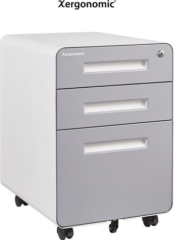 Xergonomic Gemini Commode – 40 x 45 x 58 cm – Verrijdbaar Ladeblok Bureau – Bureau organizer – Bureau accessoires – Ladeblok 3 lades – Archiefkast – Bureaukast – Kantoorkast – Dossierkast – Opbergkast met Wielen – Wit met Grijs