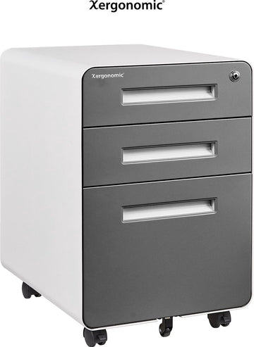 Xergonomic Bane Commode – 40 x 45 x 58 cm – Verrijdbaar Ladeblok Bureau – Bureau organizer – Bureau accessoires – Ladeblok 3 lades – Archiefkast – Bureaukast – Kantoorkast – Dossierkast – Opbergkast met Wielen – Wit met Donkergrijs