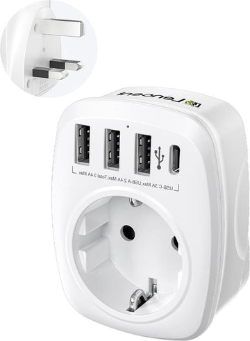 Universele Stekker EU - Reisadapter Type G - Internationale Reisstekkeradapter 5-in-1 - EU Reisstekker Stroomadapter met 3 USB - Reisadapter UK naar EU