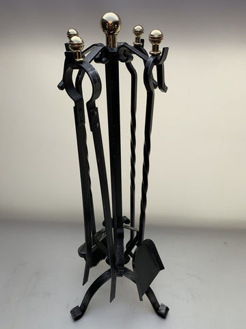 Haardstel 4-delig - haardset - smeedijzer - messing bollen - zwart gepatineerd