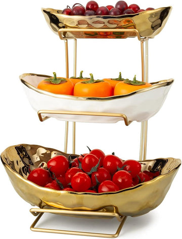 Keramische fruitkommen met 3 niveaus metalen rek - fruitmand keramiek - ovale gelaagde keramische serveerschaalset - snoep snacknoten cake dessert - feestrestaurant (goud)