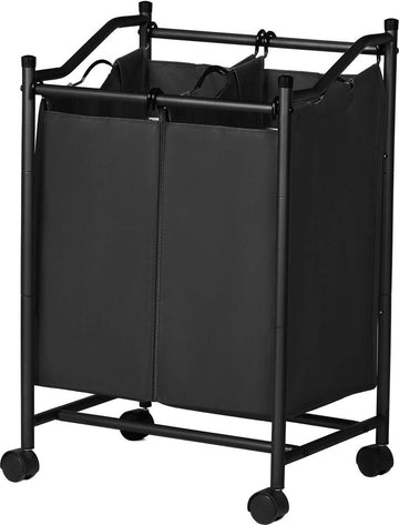 Wassorteerder met wielen - 2 vakken - wasmand voor wasverzamelaar - waskar met afneembare zakken - capaciteit 90 liter - zwart wassorteerder