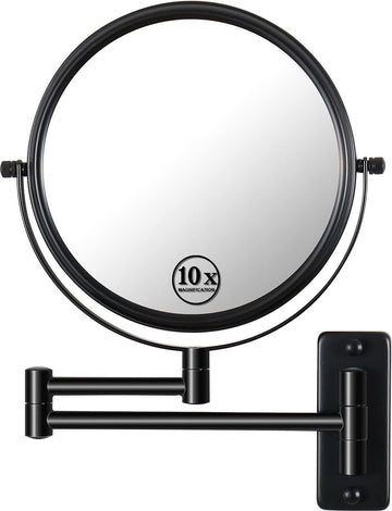 Make-upspiegel, 1 x / 10 x vergroting, diameter 20 cm, 360 graden, dubbelzijdig uittrekbare scheerspiegel, ronde arm, make-upspiegel voor badkamer, zwarte roestvrijstalen spiegel voor dames, meisjes
