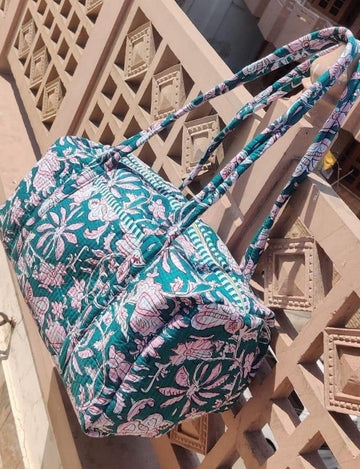 Weekendtas - Schoudertas - India - Luiertas - Groot - Dufflebag - Groen Roze bloemen