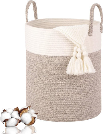 Gevlochten Katoenen Wasmand, 53 Liter, Wasmand met Handvat, Wasmand Speelgoed, Wasmand Opbergbox voor Kinderkamer, Woonkamer, Badkamer, 46 x 38 cm