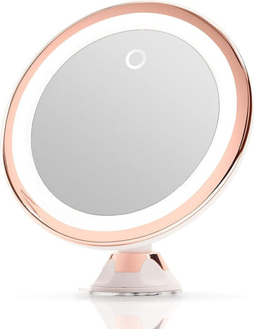 Make-up Spiegel - Spiegel 10X vergrotende spiegel met dimbaar LED licht USB batterij 20cm breed Sterke Zuignap Luna - Rosé Goud