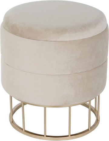 Velvet Poef Glamour Beige met Goudkleurige Onderstel met opbergruimte – Ø38 x H41 cm