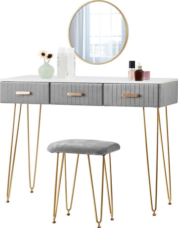 Make-up Tafel - Kaptafel - Met Spiegel - Dressoir - Luxe Kaptafel - Slaapkamer - Moderne look - Grijs/goud