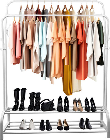 Eleganca Kledingrek - H148 x B110 x D33 cm - Kledingstang - Dressboy - Eenvoudig Kleding Ophangen - Garderoberek met ophanghaken - 8 Ophanghaken en 2 Stangen - Metaal - Wit