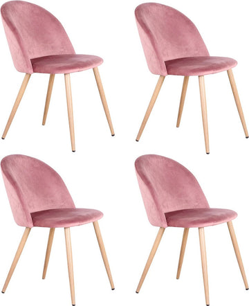 RM Store® - Set Van 4 Moderne Stoelen - Fluwele Stoelen Set - Eetkamer Stoelen - Bureaustoelen - Woonkamer Stoelen - Houten Poten - Lounge Stoelen - Anti Slip - Roze - Max. 120 KG.