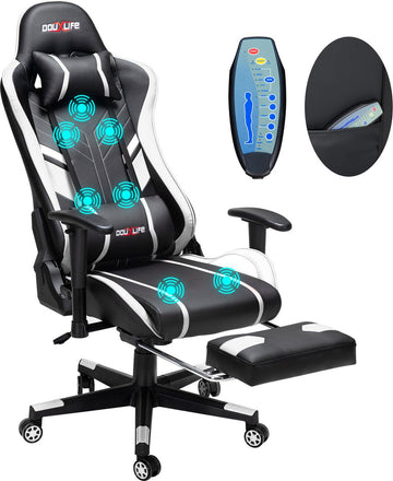 PU Massagestoel met voetenbankje - Ergonomische Gamestoel - 175° - Bureaustoel - Wit&Zwart