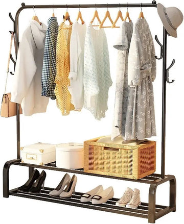 Eleganca Kledingrek zwart – H150 x B110 x D40 cm – Garderoberek – Kledingrek metaal - Voor Kleding, Schoenen en Accessoires - 1 Kledingstang met 2 Planken en 8 Haken – Stevige kledingrekken