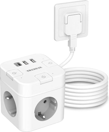 Stekkerdoos 6-in-1 USB-C 3-voudige kubusvormige platte stekker afzonderlijk schakelbaar meervoudige kubus 4m kabel kantoor thuis reizen wit