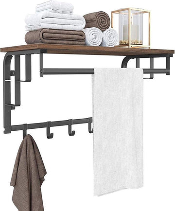 Parya Home - Vintage Kapstok met Hoedenplank - Hangende Wandkapstok in Metaal / Hout - 66cm lang - Bruin / Zwart