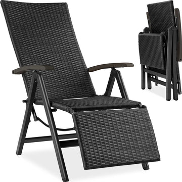 Wicker tuinstoel opklapbaar met aluminium frame en voetsteun - zwart