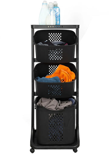 3-in-1 wasmand – Inhoud Grote Mand 38 L - Inhoud Kleine Mand 22 L – Wasbox organizer – Wassorteerder met 3 vakken – Kunststof – Zwart