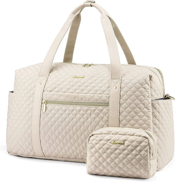 Grote weekendtas voor dames beige - Sporttas met 15.6 inch laptop vak - Reistas, handtas, fitnesstas - Gouden details