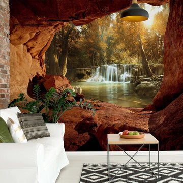 Fotobehang - Vlies Behang - 3D Uitzicht op de Waterval in het Bos vanuit de Grot - 368 x 254 cm