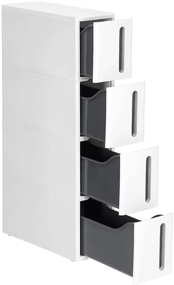 Nisplank Leopold - met Wielen - Smalle Trolley - met 4 Laden - Verrijdbaar - Uittrekbaar - Badkamerplank - Keuken - Kast - met Wielen - PP Kunststof - Ruimtebesparend - 45x17x84cm - Wit/Grijs