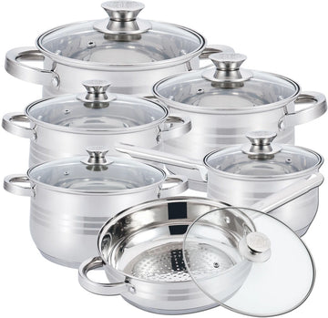 Pannenset – 12-Delig – Voor Inductie en Gas – Vaatwasser Bestendig – RVS met Glazen Deksels