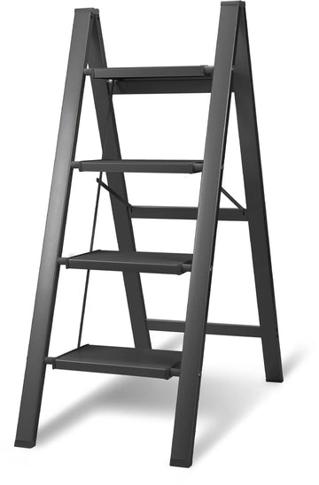 Trapladder Opvouwbare ladder 4 Treden Keukentrap Inklapbaar - Anti-Slip - Trap Ladder Alu Zwart