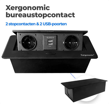 Xergonomic bureaustopcontact – B26.2xL11.6xH6.5cm - Bureaustekkerdoos met 2 stopcontacten en 2 USB-poorten – Inklapbare inbouw stekkerdoos – Inbouw contactdoos voor huis en kantoor meubilair – Stevige en moderne inbouwstekkerblok – Zwart