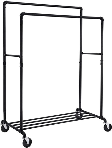 Kledingrek metaal voor zware lasten, tot 110 kg belastbaar, industrieel design, mobiele kapstok met 2 kledingstangen, voor productpresentatie, zwart-HSR60B