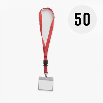 Rood keycord met badge-/pashouder, per 50 stuks