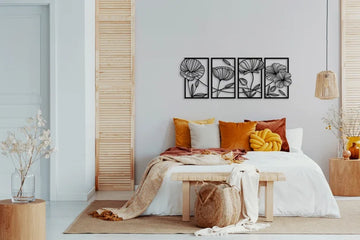 4 stucks Bloemen modern deco muurdecoratie - XL - Wanddecoratie - Zwart - Houten art - Muurdecoratie - Line art - Wall art - Bohemian - Wandborden - Woonkamer - 150x56 cm - kerst - kerstcadeau - wandecoratie woonkamer - kerstgeschenk