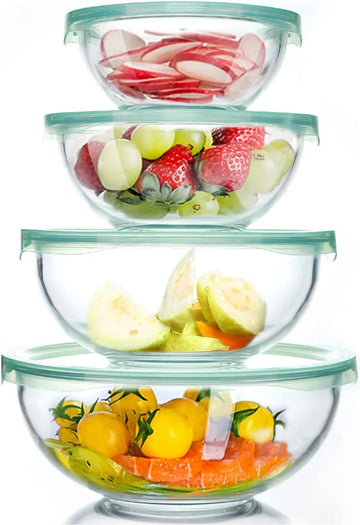 Glazen kom met deksel, set van 4 (0,95 l, 1,5 l, 2,4 l, 3,5 l), grote ronde slakommen, bakkommen, magnetron- en vaatwasmachinebestendig voor mixen, bewaren en serveren