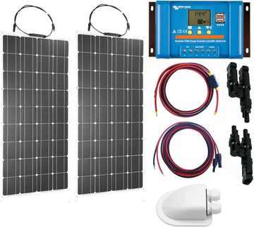 Set Flexibel Zonnepaneel 200Wp 12V Caravan, Camper, Boot, Tent of Tuinhuisje - Victron Energy BlueSolar PWM 20A LCD&USB laadregelaar - Zonnepaneel Compleet Pakket - Plug-Play set schematische tekening en handleiding-Monokristallijn