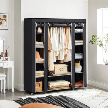 Grote XXL kleerkast, stoffen kast, vouwkast met kledingroede 175 x 150 x 45 cm DRIE roldeuren (zwart) LSF03H
