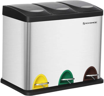 Afvalemmer voor de keuken, 3-in-1 afvalemmer, 24 liter, afvalscheiding, metalen pedaalemmer, afvalscheidingssysteem, robuust, eenvoudig te reinigen, staal, zilver