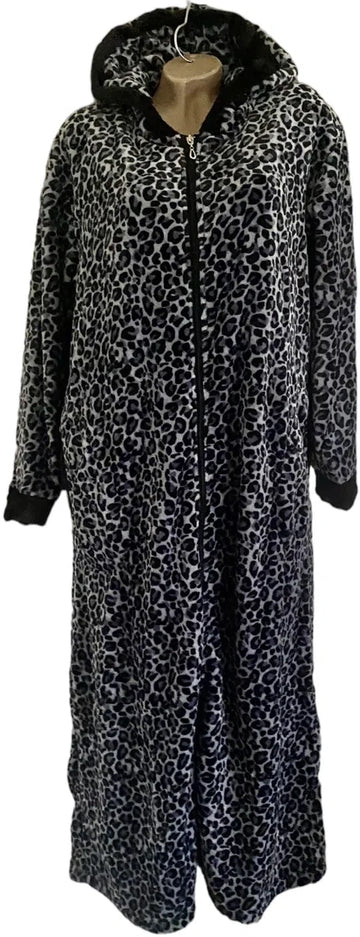 Dames badjas fleece extra lang rits met zakken en capuchon S/M zwart-grijs