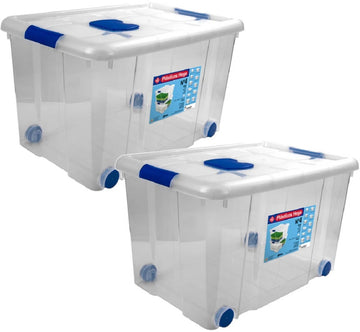 2x Opbergboxen/opbergdozen met deksel en wieltjes 55 liter kunststof transparant/blauw - 59 x 40 x 35 cm - Opbergbakken